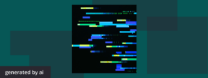 An AI-generated graphic with green and blue lines that look like code over a black and dark green background